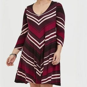 Torrid Dress 00 M/L 10 Striped Trapeze Burgundy Pink Jersey Knit Stretch